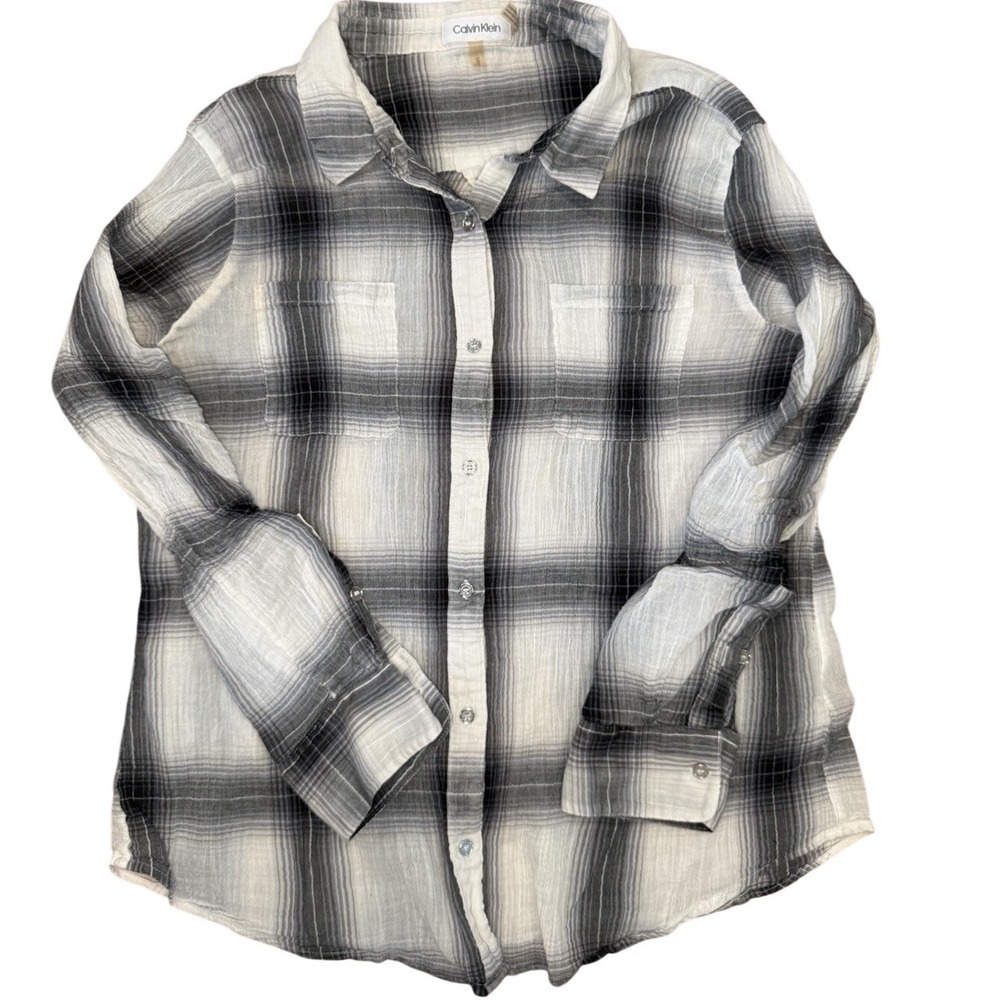 Calvin Klein Airflow Utility Women Plaid Roll Tab Sleeve Button Down Shirt Sz L